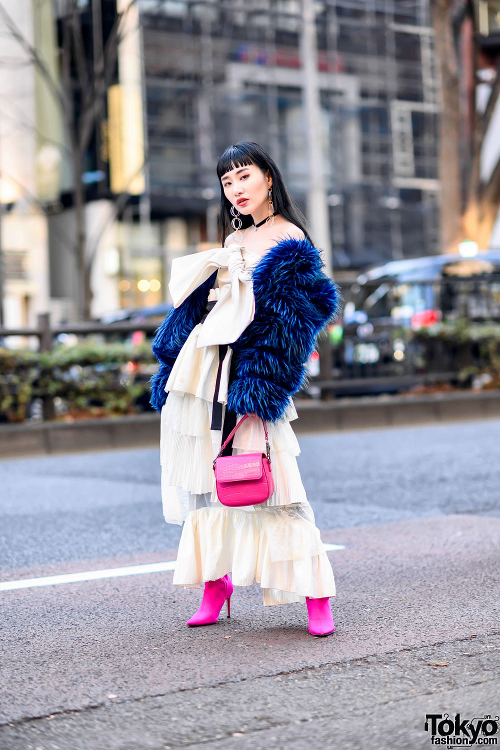 Blue Fur, White Ruffles, Hot-Pink Boots: A High-Contrast Harajuku Fit