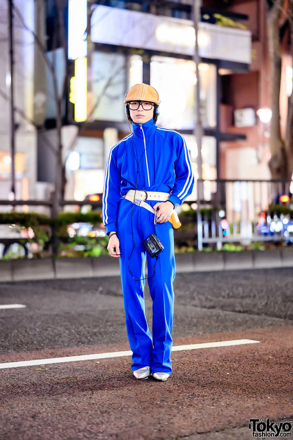 Full Blue Tracksuit, Cassette Walkman: Harajuku's Retro Sportswear Look