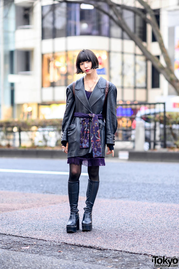 Leather Blazer, Paisley Waist-Scarf: Harajuku's Vintage Dark Look