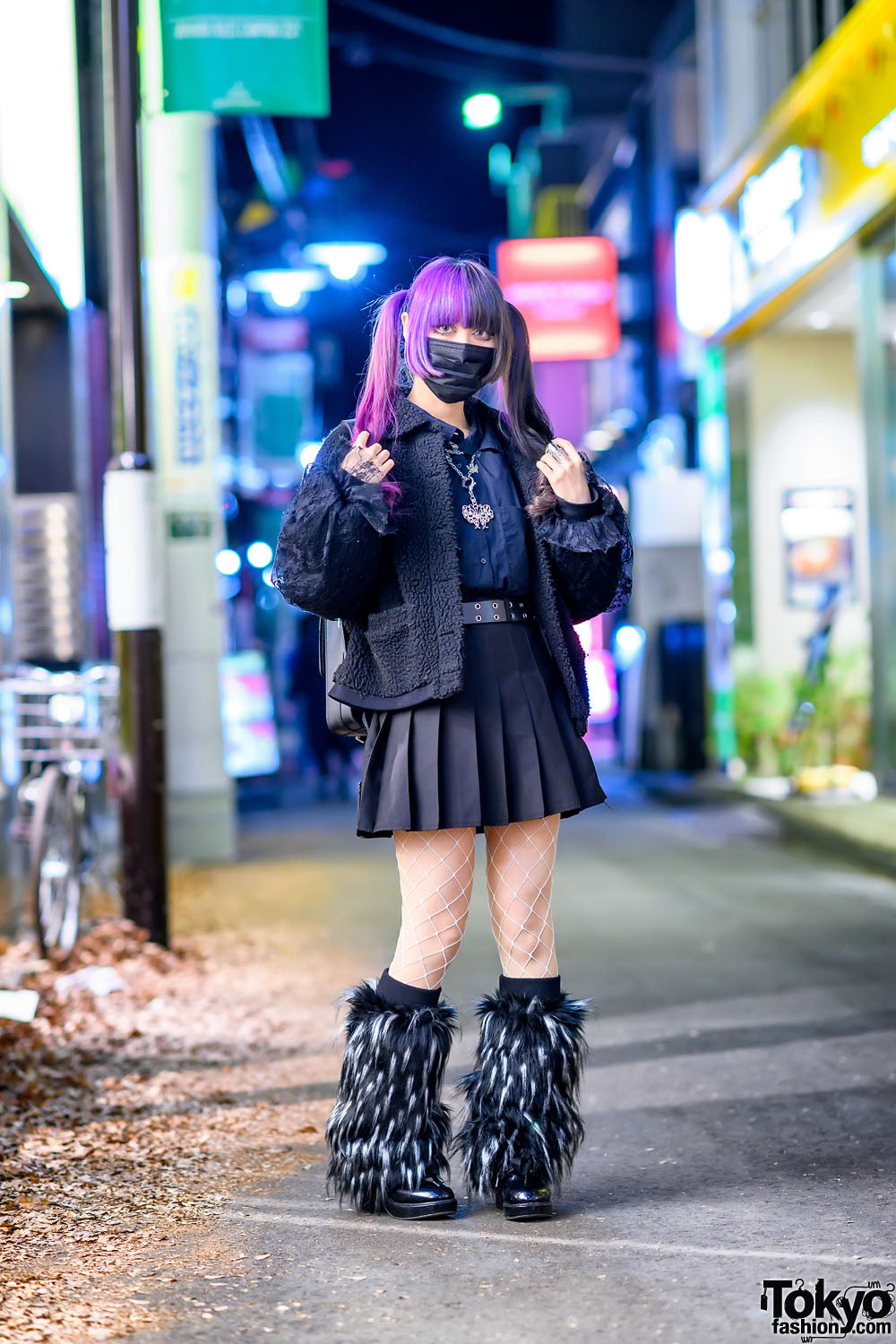 Purple Hair, Tweed, and Furry Leg Warmers: A Dark-Girly Harajuku Look